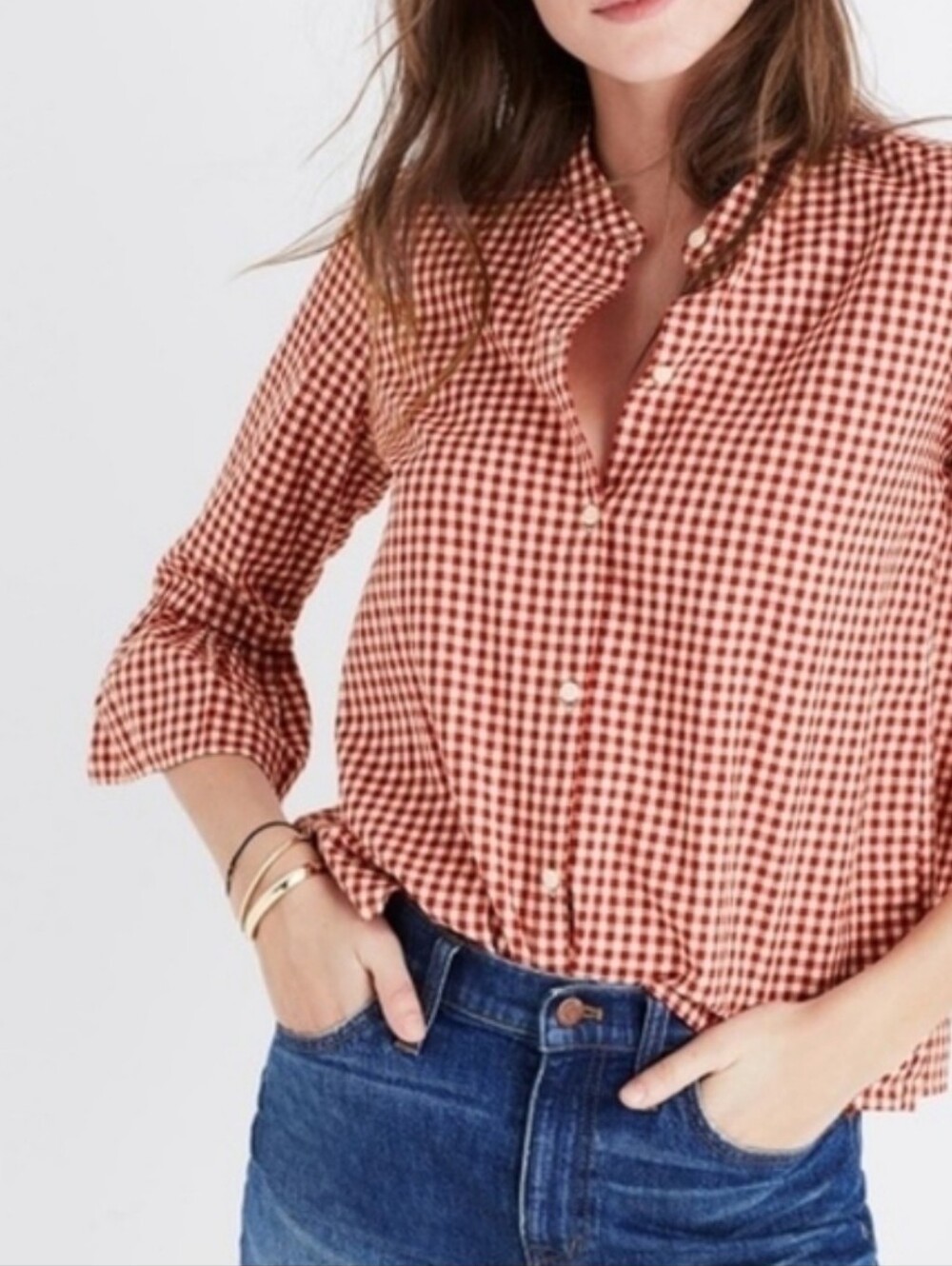 MADEWELL Gingham Bell-Sleeve Shirt Red and White Checkered
